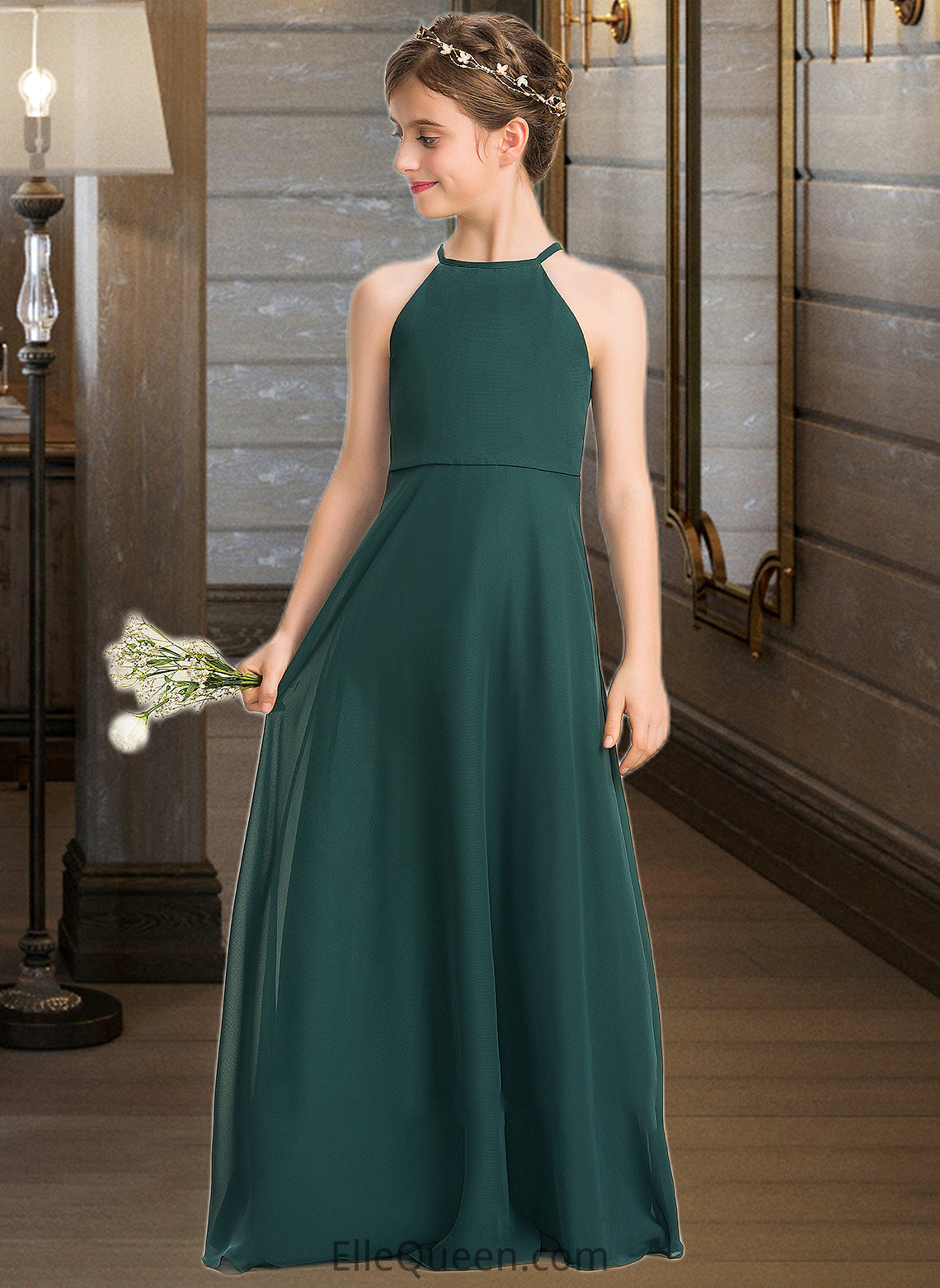 Jemima A-Line Scoop Neck Floor-Length Chiffon Junior Bridesmaid Dress DGP0013442