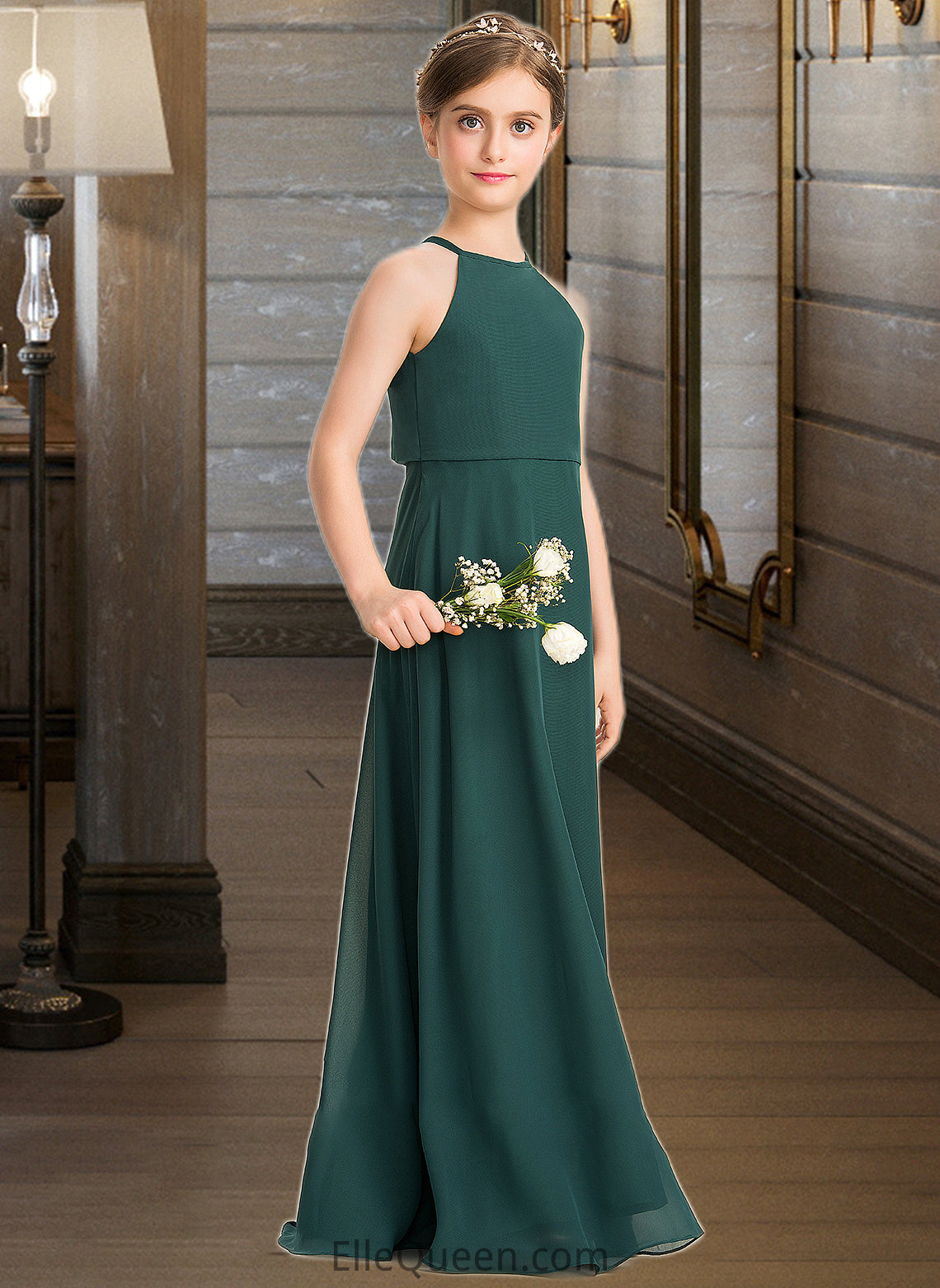 Jemima A-Line Scoop Neck Floor-Length Chiffon Junior Bridesmaid Dress DGP0013442