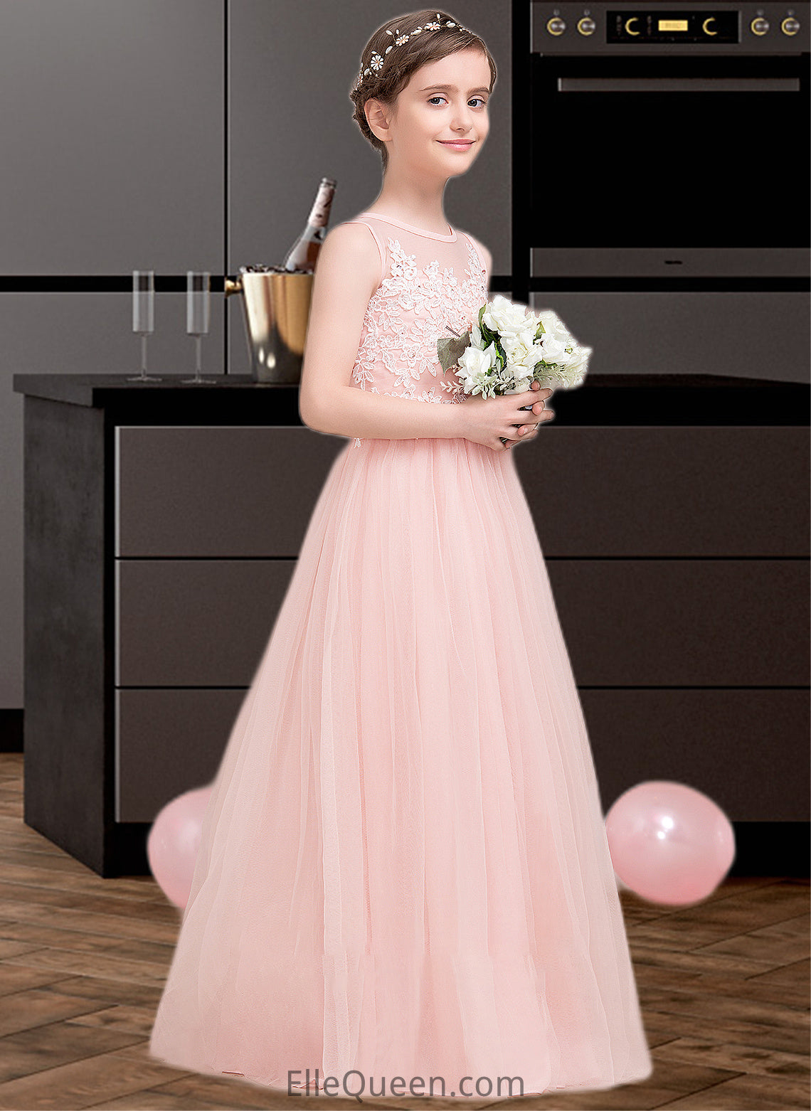 Bryanna A-Line Scoop Neck Floor-Length Tulle Junior Bridesmaid Dress With Beading Sequins DGP0013444