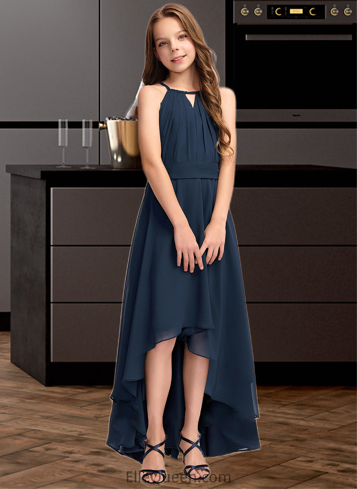 Yvonne A-Line Scoop Neck Asymmetrical Chiffon Junior Bridesmaid Dress With Bow(s) Ruffles DGP0013445