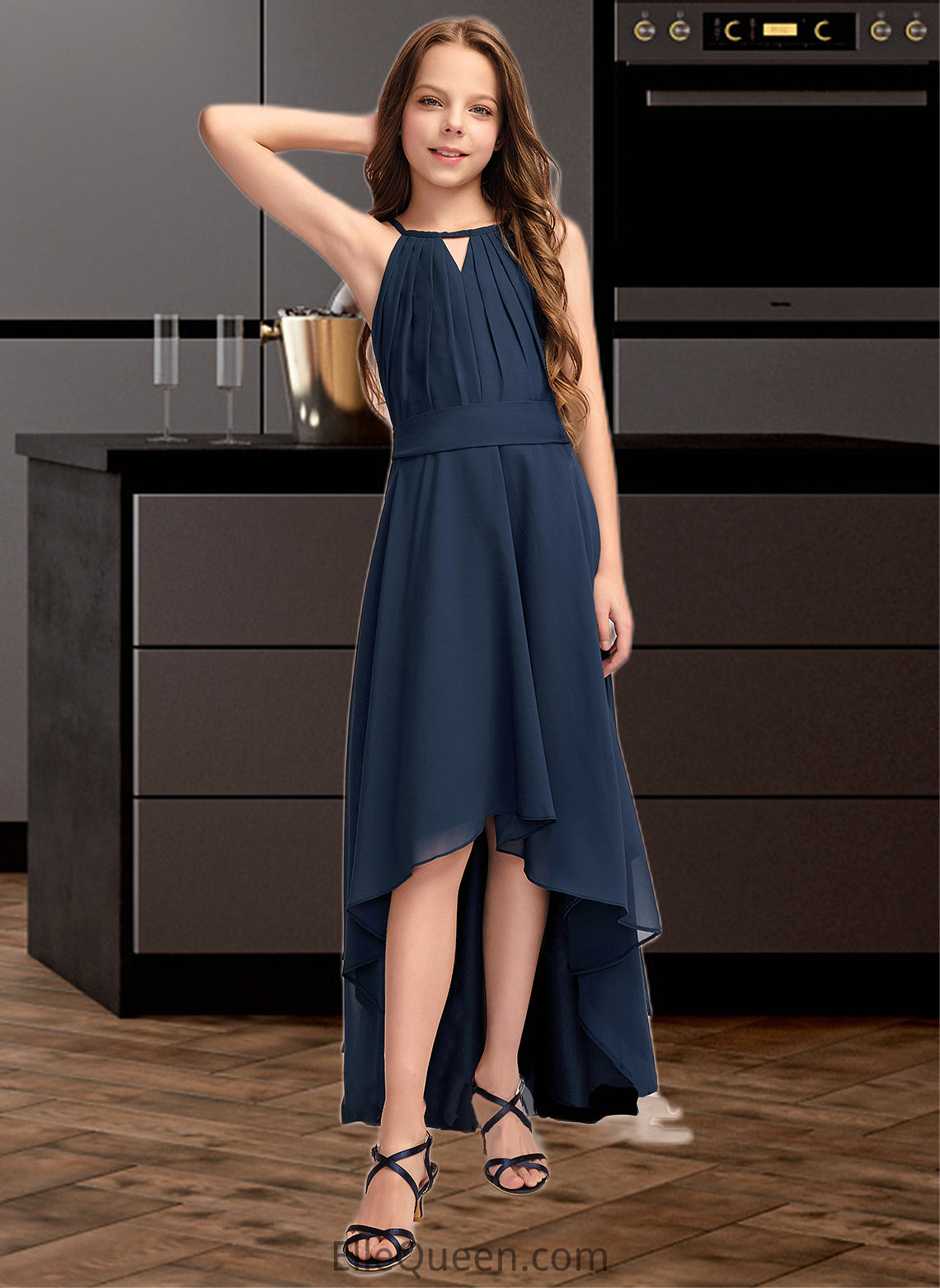 Yvonne A-Line Scoop Neck Asymmetrical Chiffon Junior Bridesmaid Dress With Bow(s) Ruffles DGP0013445