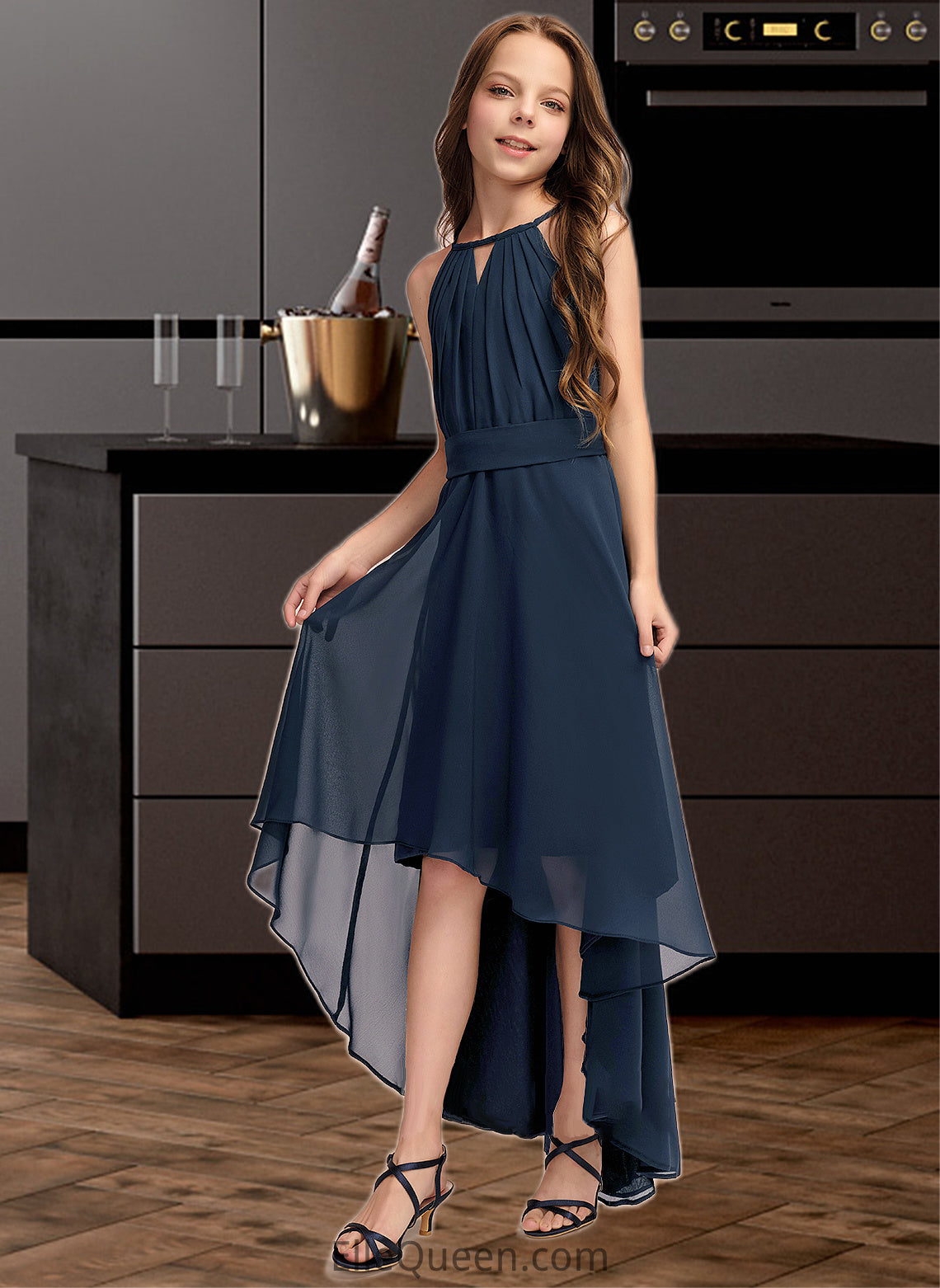 Yvonne A-Line Scoop Neck Asymmetrical Chiffon Junior Bridesmaid Dress With Bow(s) Ruffles DGP0013445