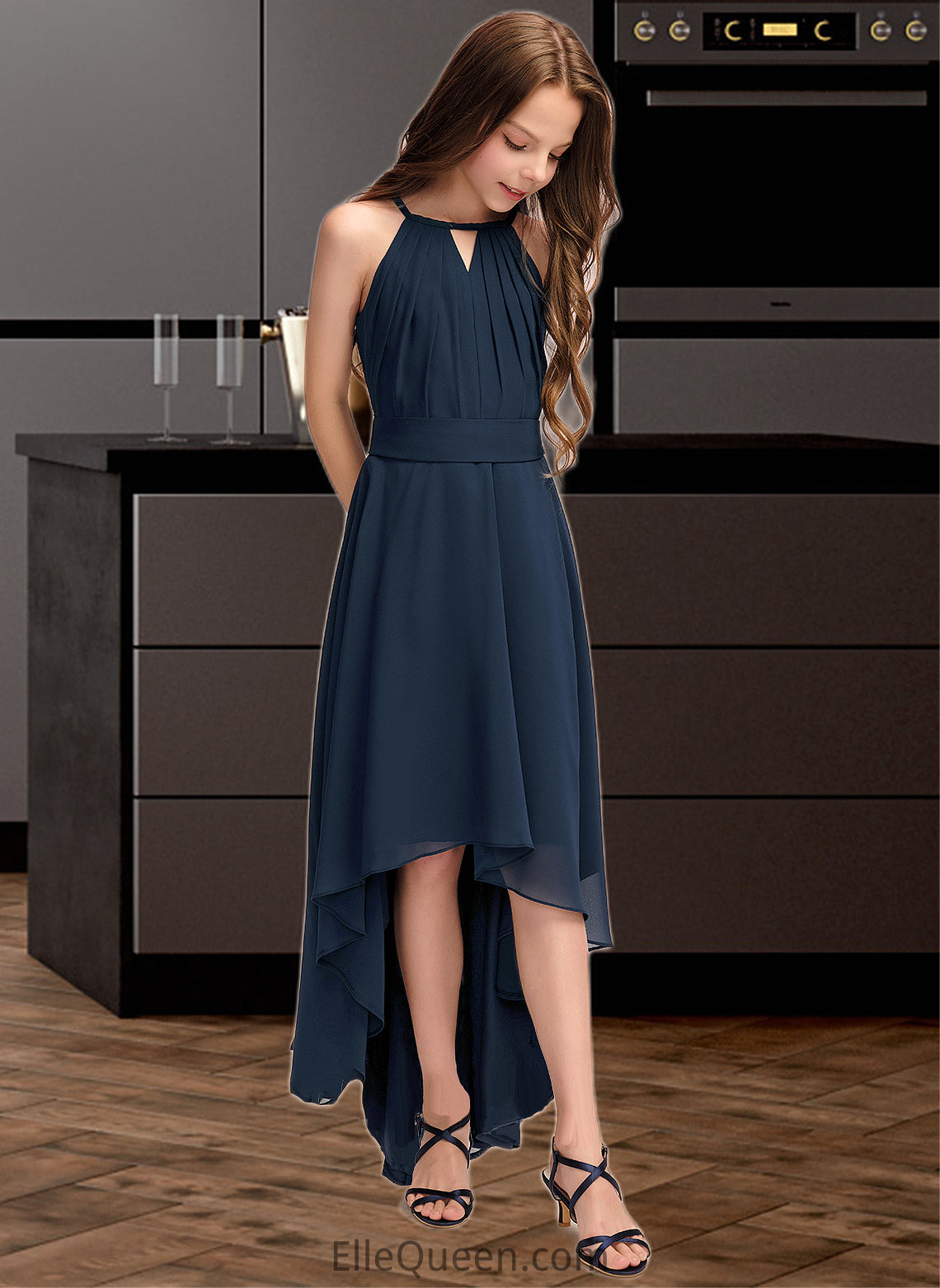 Yvonne A-Line Scoop Neck Asymmetrical Chiffon Junior Bridesmaid Dress With Bow(s) Ruffles DGP0013445