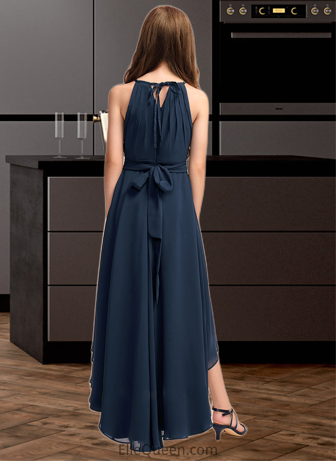 Yvonne A-Line Scoop Neck Asymmetrical Chiffon Junior Bridesmaid Dress With Bow(s) Ruffles DGP0013445