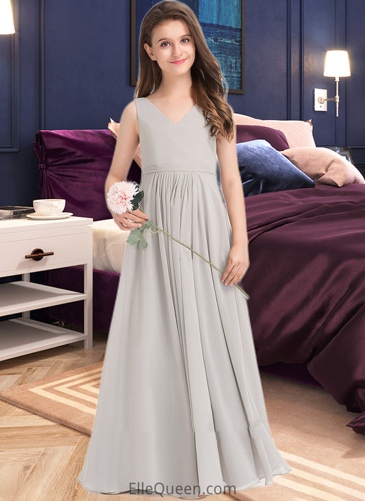 Litzy A-Line V-neck Floor-Length Chiffon Junior Bridesmaid Dress With Pockets DGP0013446