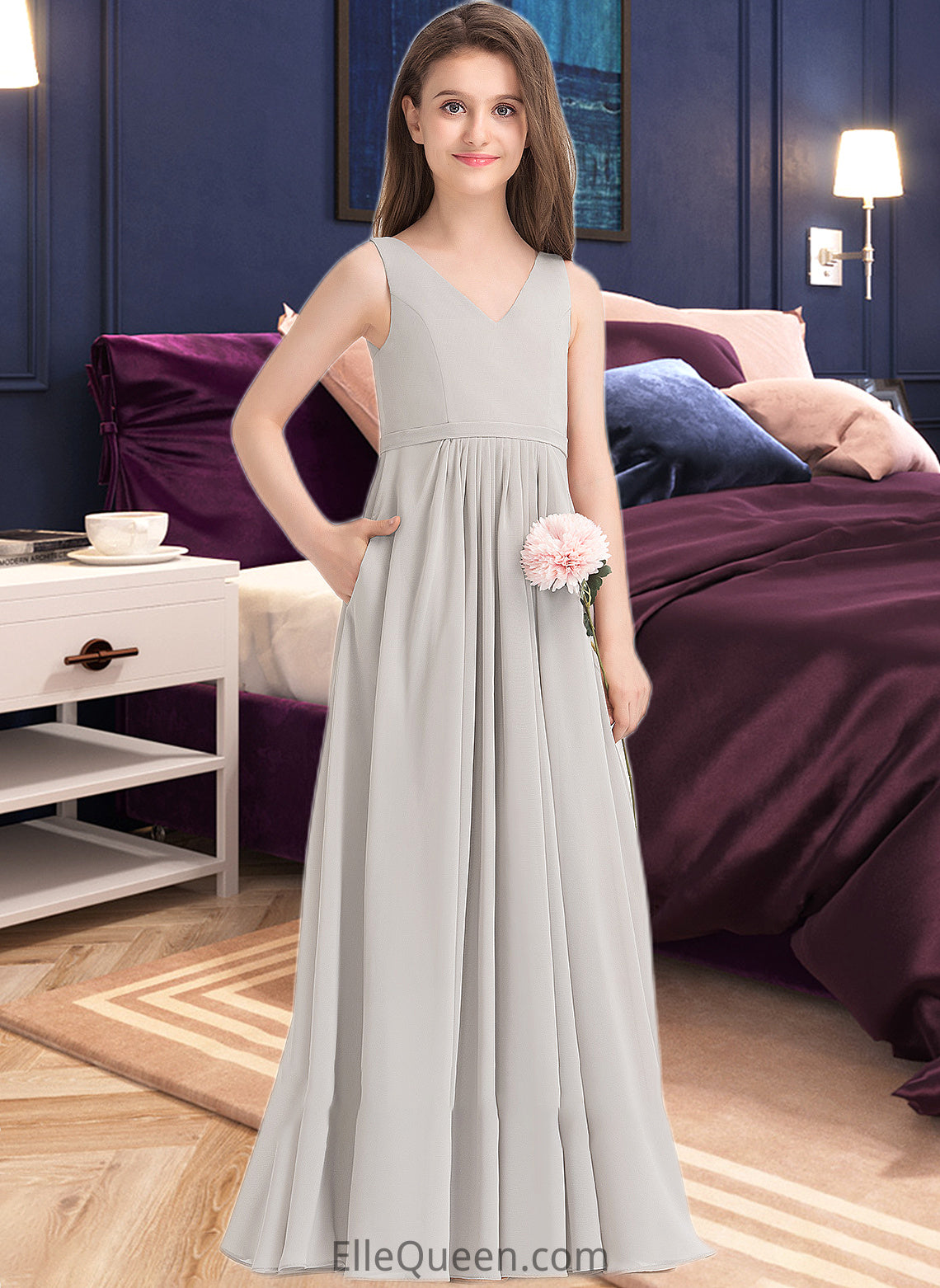 Litzy A-Line V-neck Floor-Length Chiffon Junior Bridesmaid Dress With Pockets DGP0013446