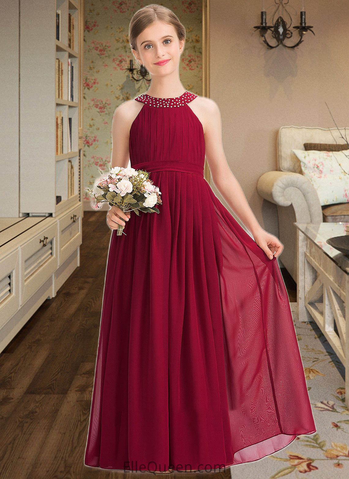 Lilly A-Line Scoop Neck Floor-Length Chiffon Junior Bridesmaid Dress With Ruffle Beading Bow(s) DGP0013447