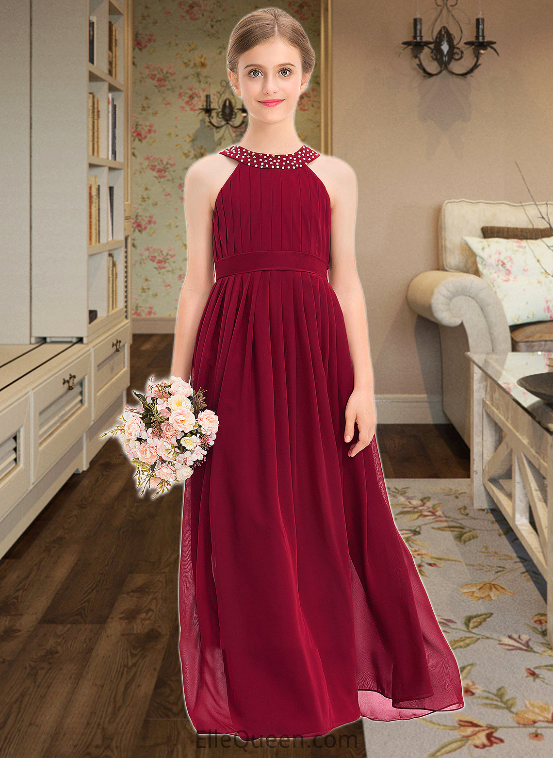 Lilly A-Line Scoop Neck Floor-Length Chiffon Junior Bridesmaid Dress With Ruffle Beading Bow(s) DGP0013447