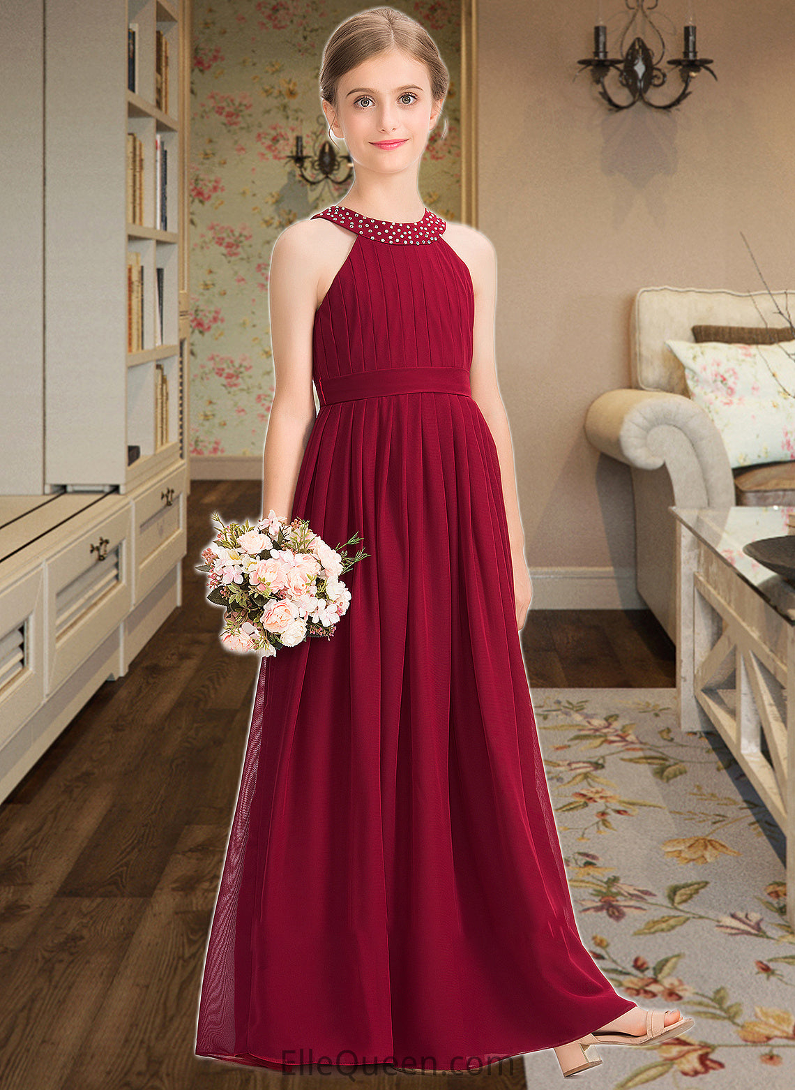 Lilly A-Line Scoop Neck Floor-Length Chiffon Junior Bridesmaid Dress With Ruffle Beading Bow(s) DGP0013447