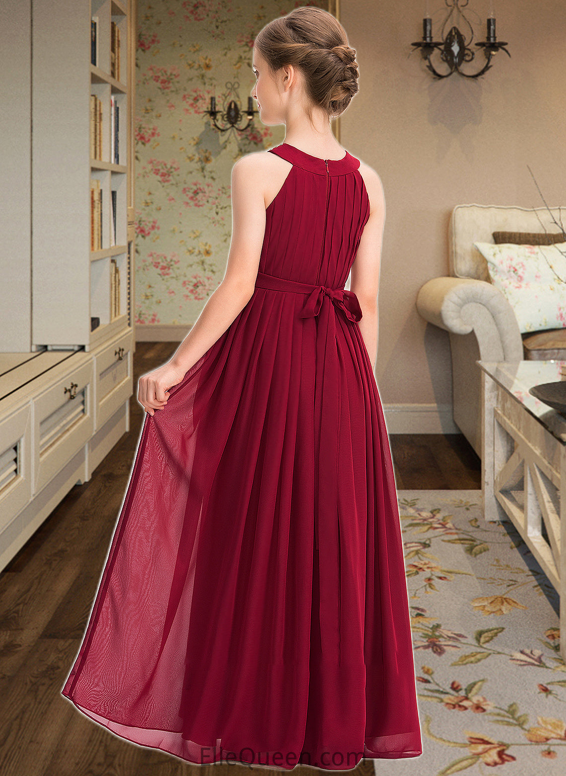 Lilly A-Line Scoop Neck Floor-Length Chiffon Junior Bridesmaid Dress With Ruffle Beading Bow(s) DGP0013447