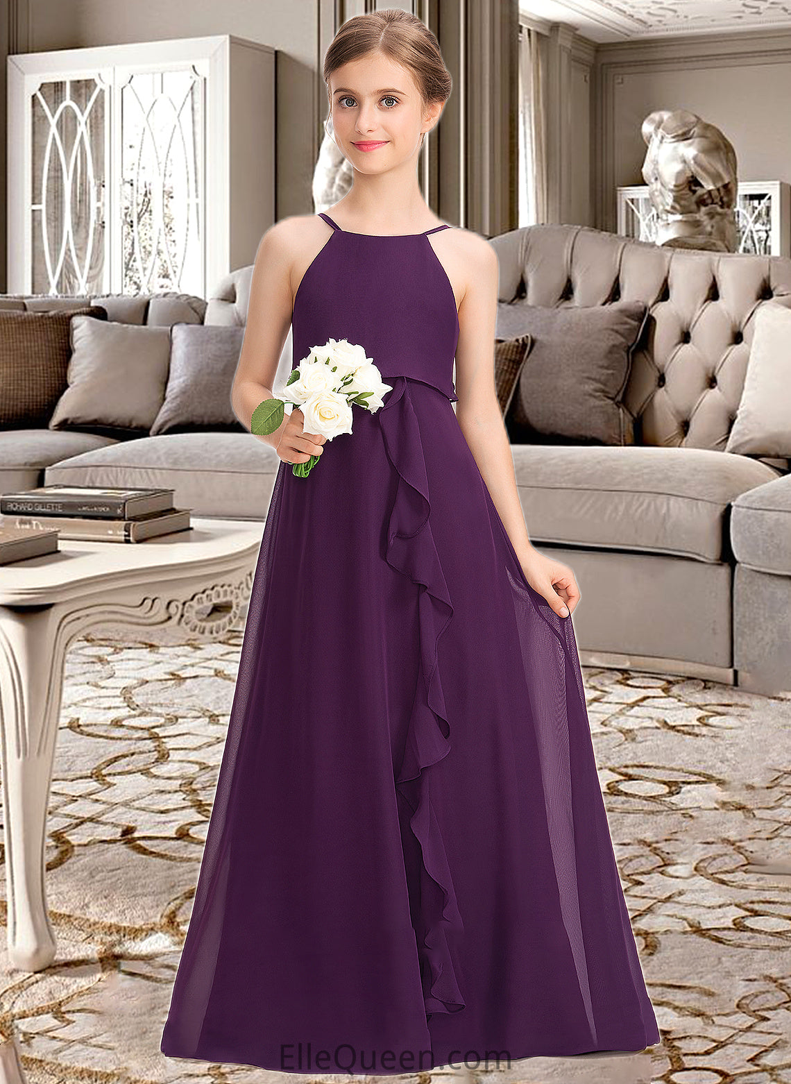 Theresa A-Line Scoop Neck Floor-Length Chiffon Junior Bridesmaid Dress With Bow(s) Cascading Ruffles DGP0013448