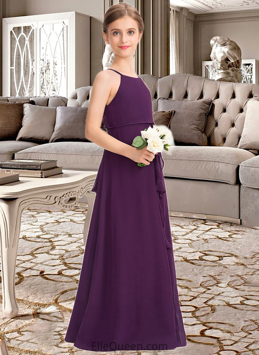 Theresa A-Line Scoop Neck Floor-Length Chiffon Junior Bridesmaid Dress With Bow(s) Cascading Ruffles DGP0013448