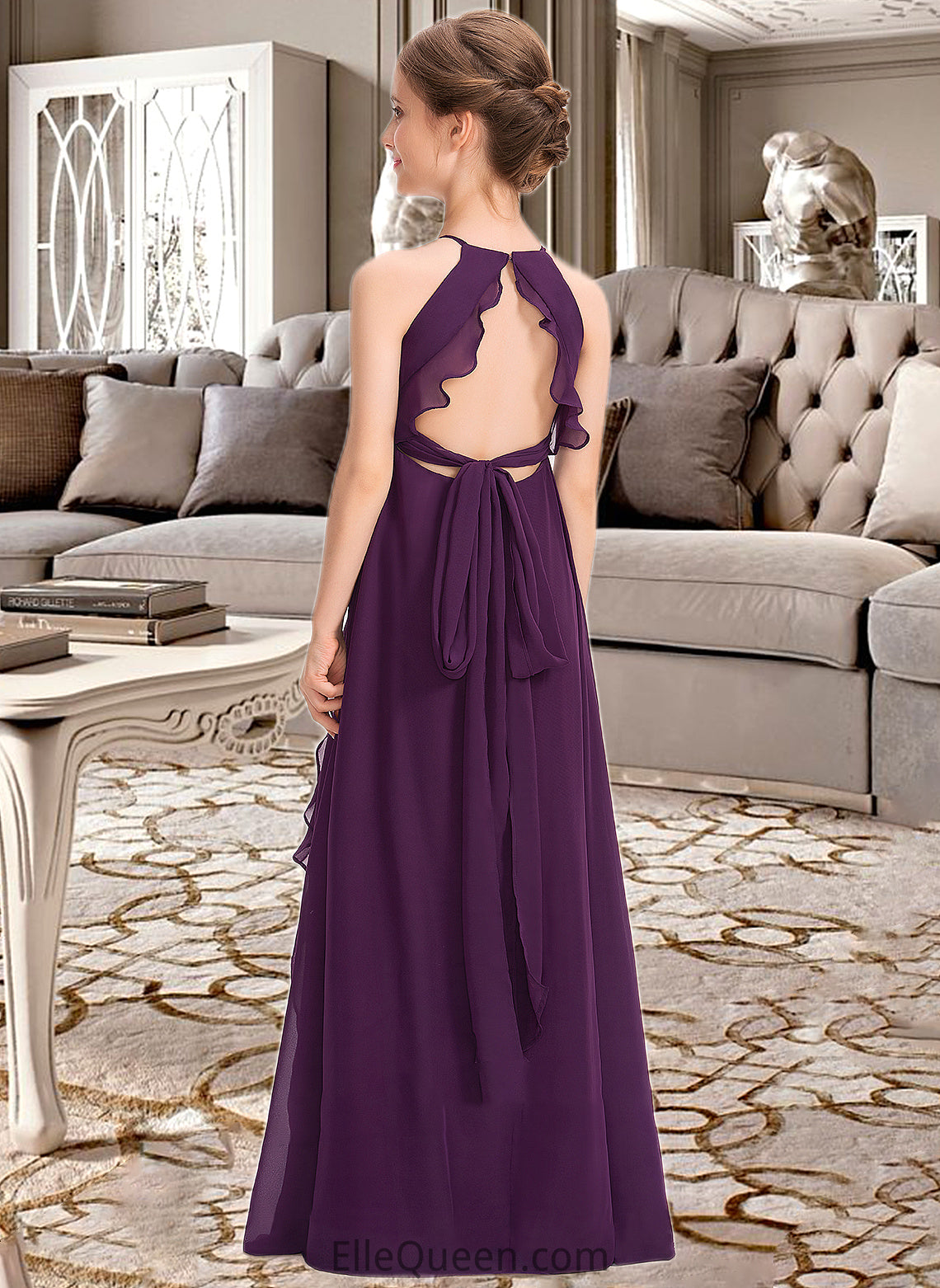 Theresa A-Line Scoop Neck Floor-Length Chiffon Junior Bridesmaid Dress With Bow(s) Cascading Ruffles DGP0013448