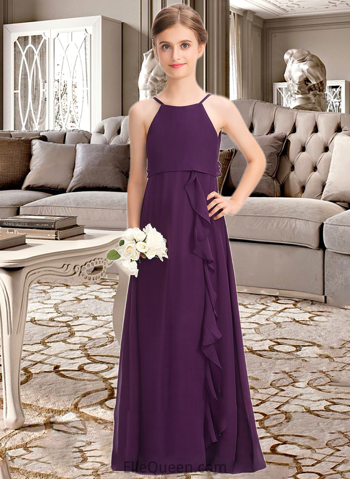 Theresa A-Line Scoop Neck Floor-Length Chiffon Junior Bridesmaid Dress With Bow(s) Cascading Ruffles DGP0013448