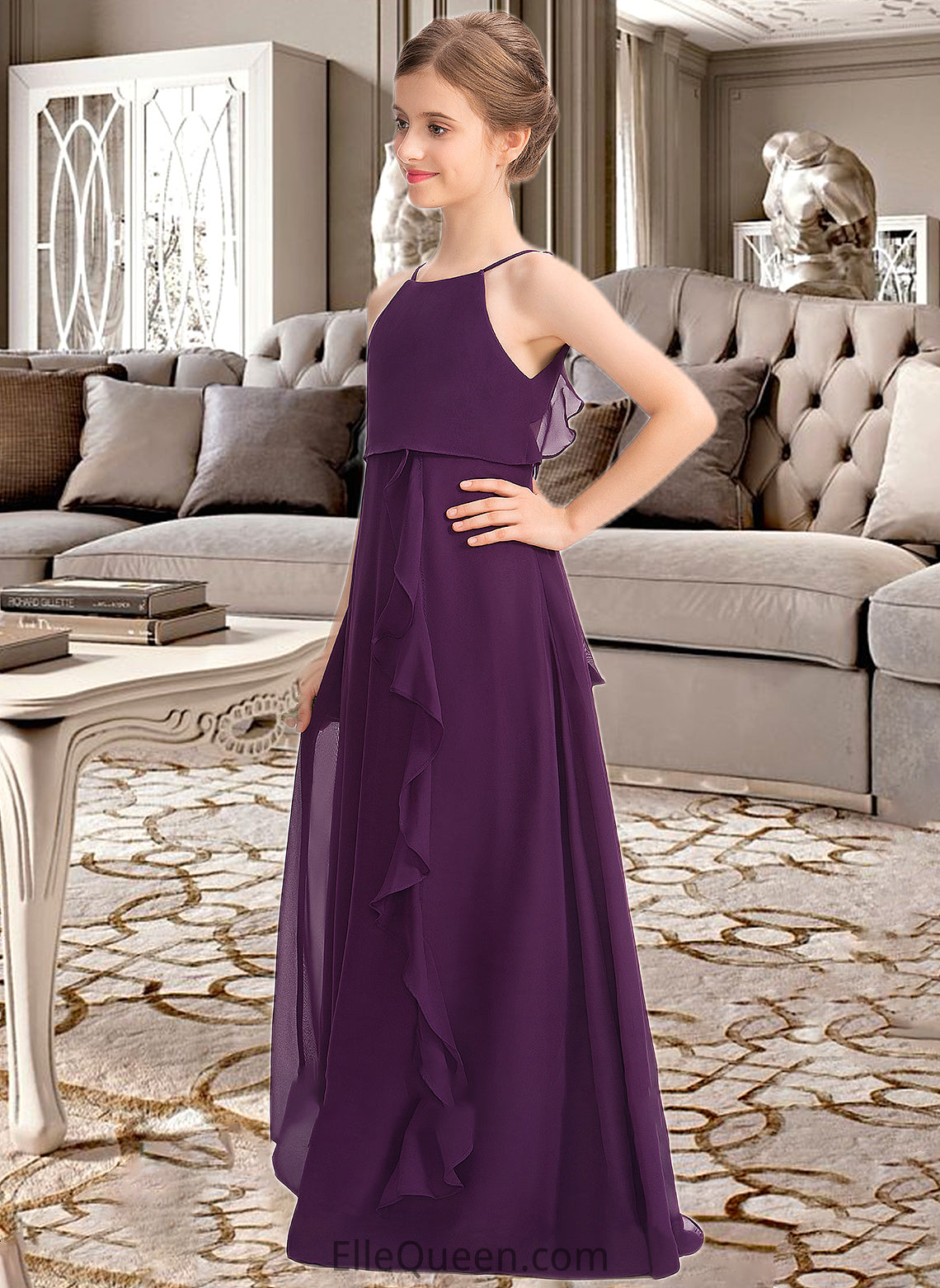 Theresa A-Line Scoop Neck Floor-Length Chiffon Junior Bridesmaid Dress With Bow(s) Cascading Ruffles DGP0013448