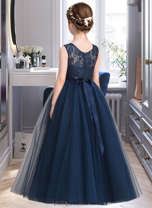 Maya Ball-Gown/PrincessScoopNeckFloor-LengthTulleJuniorBridesmaidDressWithSash#126265 DGP0013449