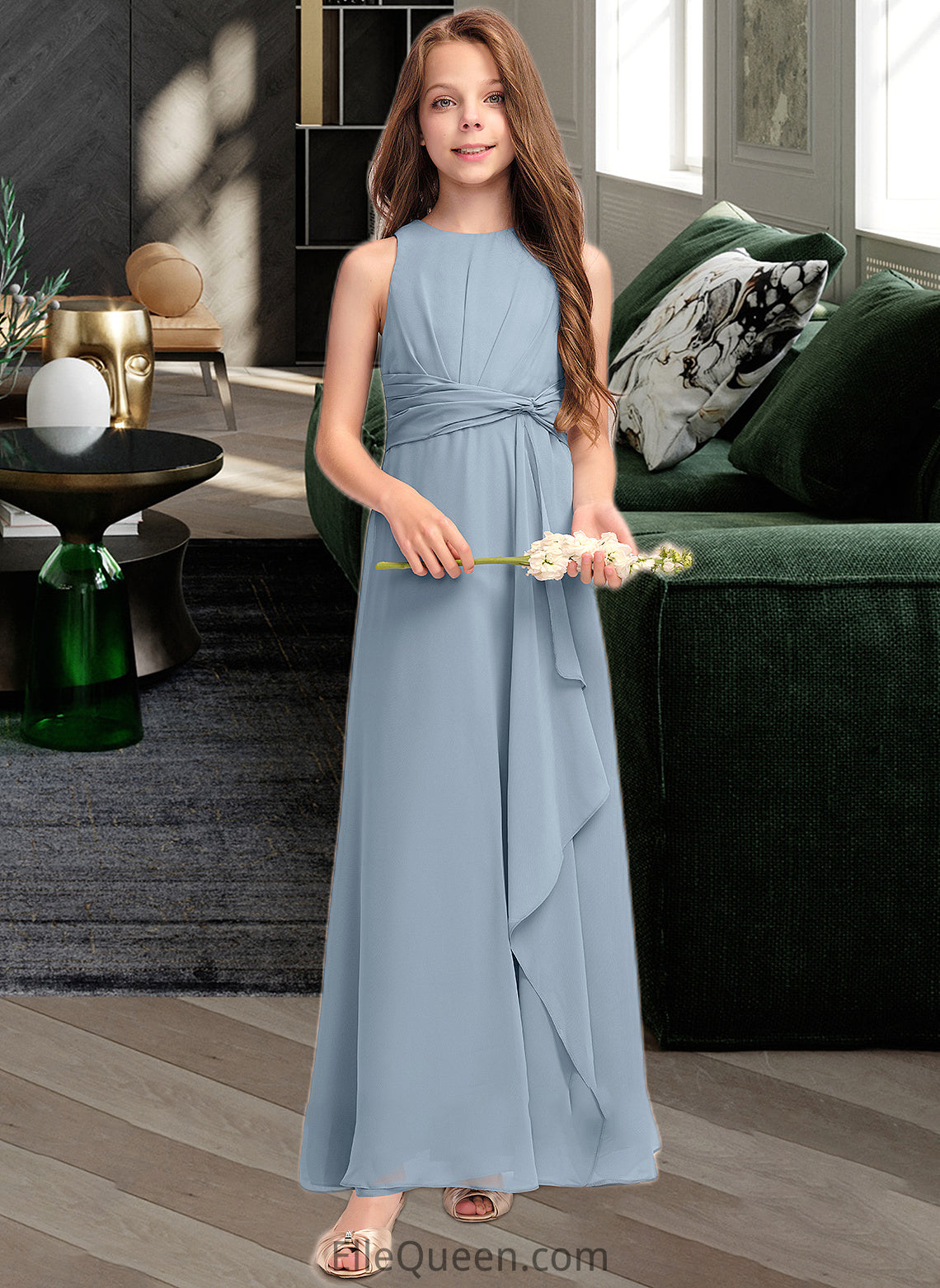 Angel A-Line Scoop Neck Floor-Length Chiffon Junior Bridesmaid Dress With Cascading Ruffles DGP0013450