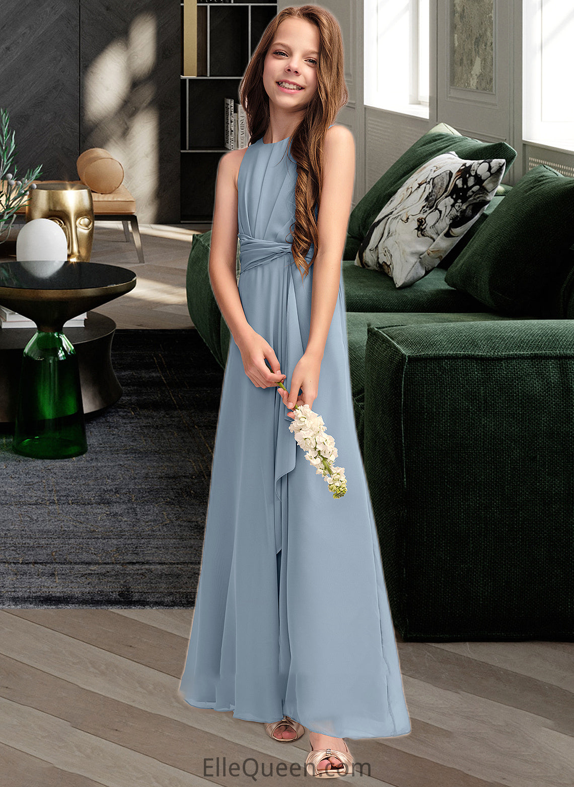 Angel A-Line Scoop Neck Floor-Length Chiffon Junior Bridesmaid Dress With Cascading Ruffles DGP0013450