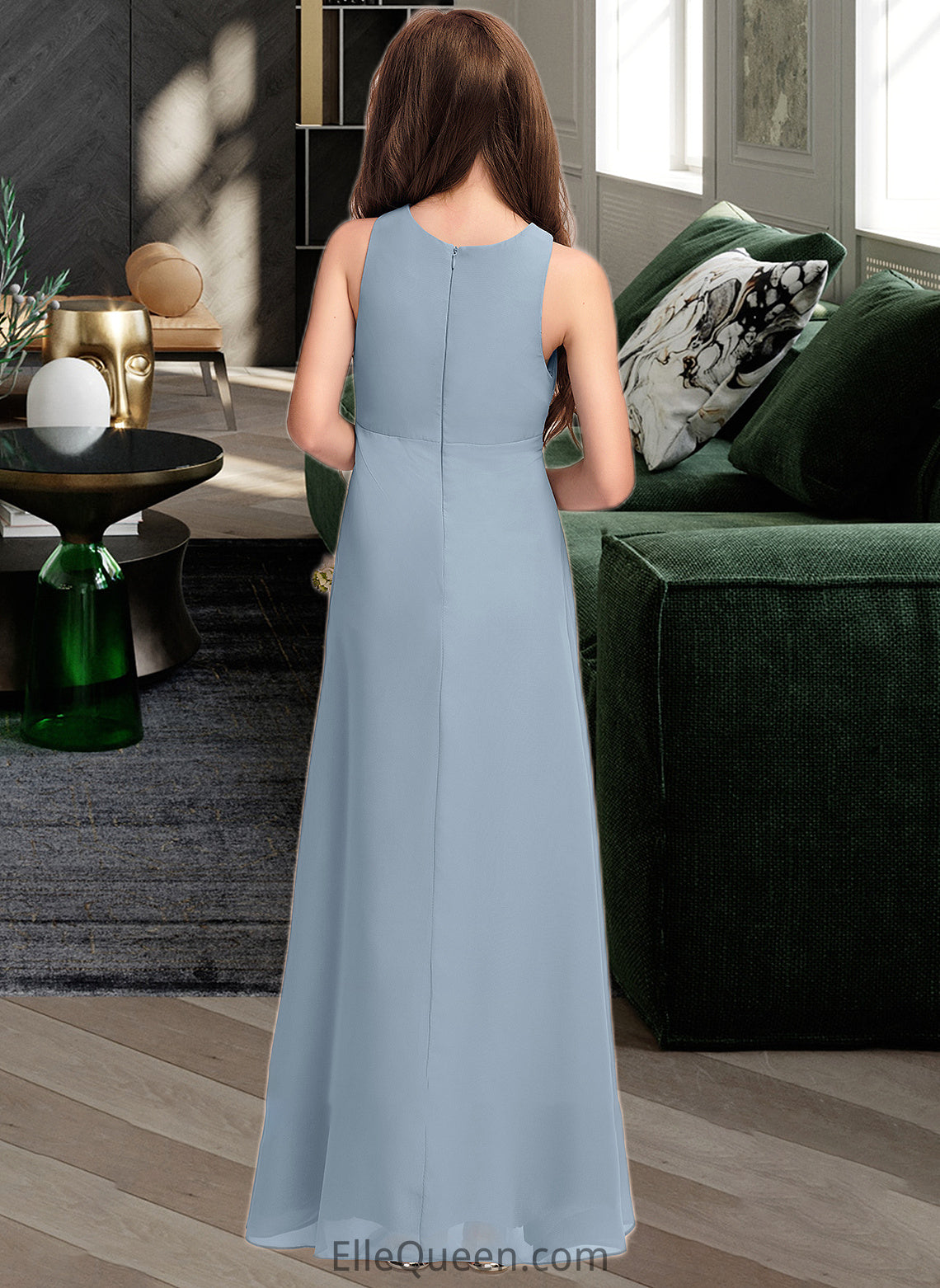 Angel A-Line Scoop Neck Floor-Length Chiffon Junior Bridesmaid Dress With Cascading Ruffles DGP0013450