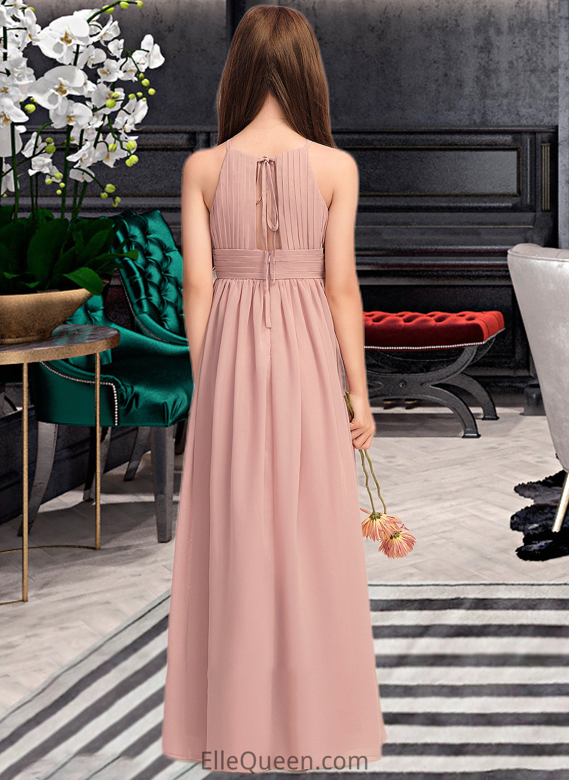 Jewel A-Line Scoop Neck Floor-Length Chiffon Junior Bridesmaid Dress With Ruffle DGP0013451