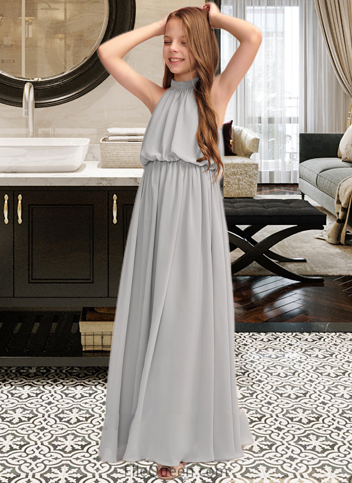 Amirah A-Line High Neck Floor-Length Chiffon Junior Bridesmaid Dress With Ruffle DGP0013452