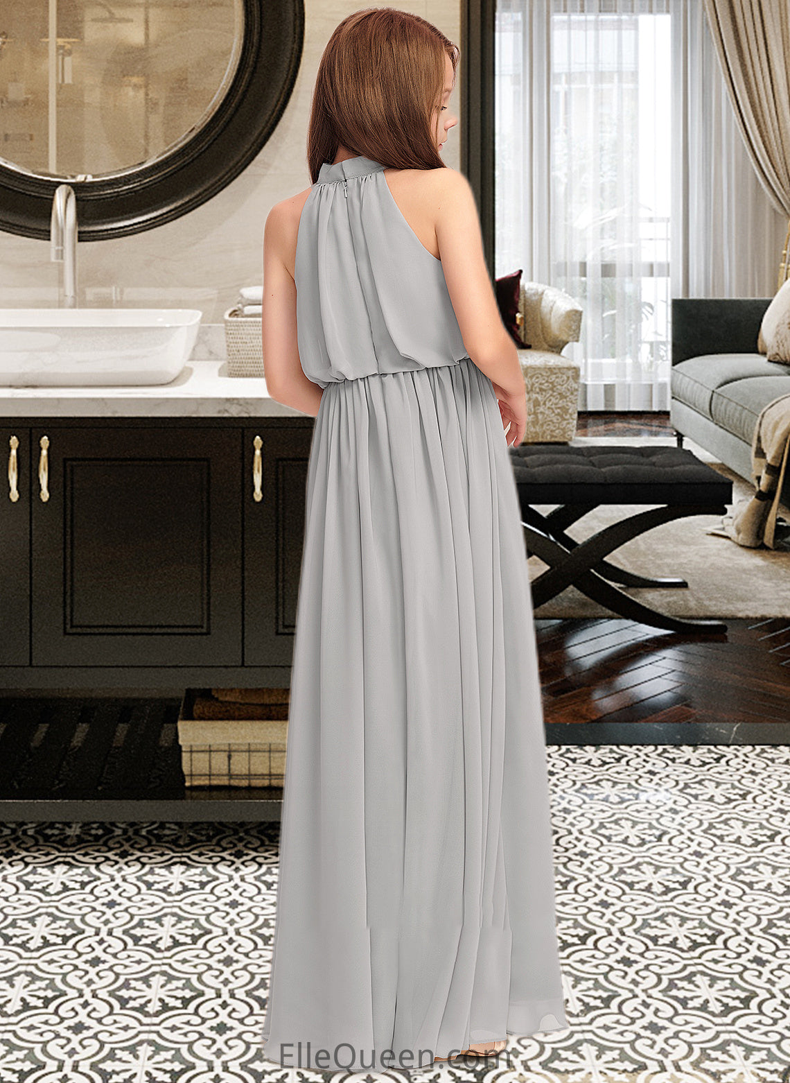 Amirah A-Line High Neck Floor-Length Chiffon Junior Bridesmaid Dress With Ruffle DGP0013452