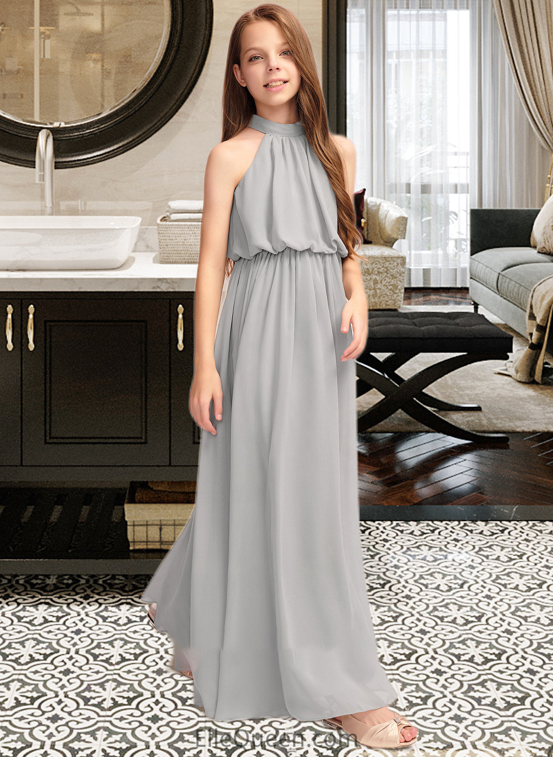 Amirah A-Line High Neck Floor-Length Chiffon Junior Bridesmaid Dress With Ruffle DGP0013452