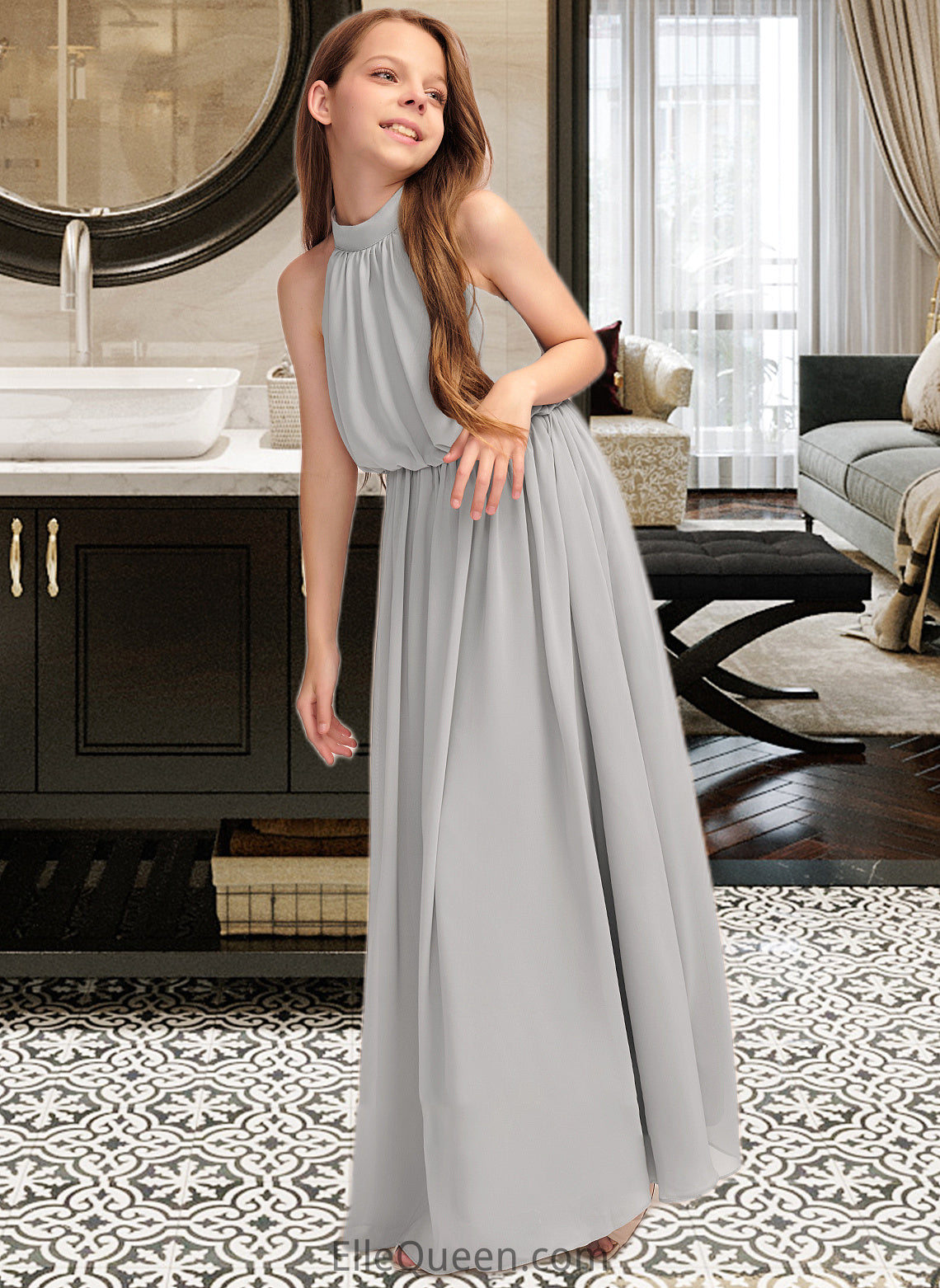 Amirah A-Line High Neck Floor-Length Chiffon Junior Bridesmaid Dress With Ruffle DGP0013452