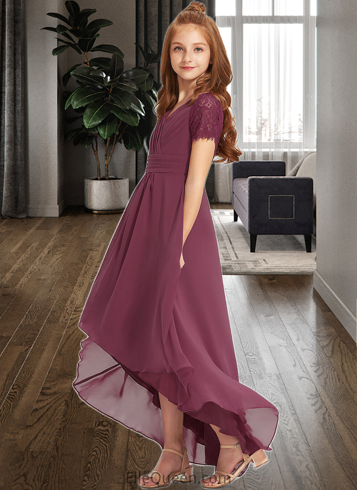 Everleigh A-Line V-neck Asymmetrical Chiffon Lace Junior Bridesmaid Dress With Ruffle DGP0013453