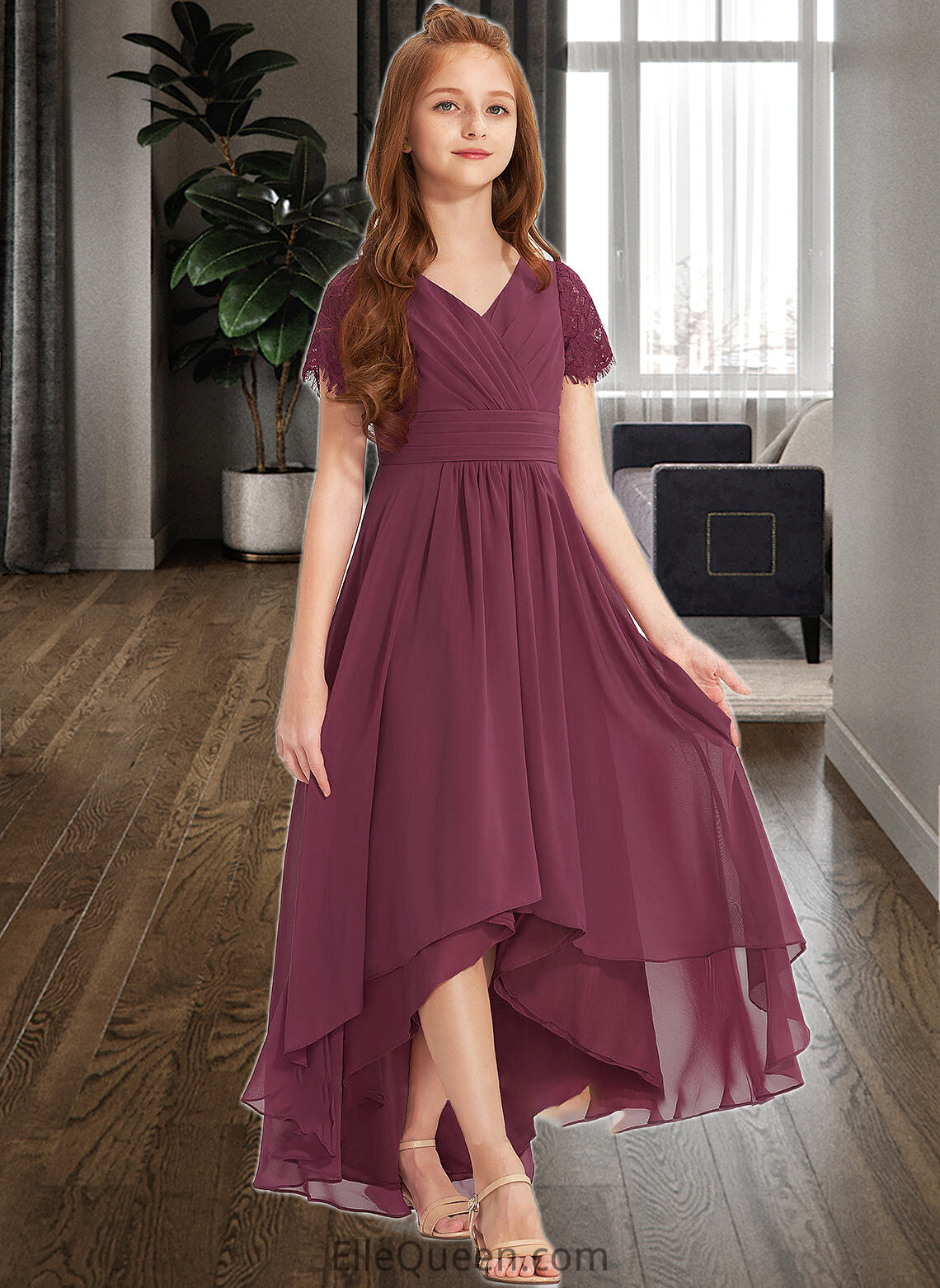 Everleigh A-Line V-neck Asymmetrical Chiffon Lace Junior Bridesmaid Dress With Ruffle DGP0013453