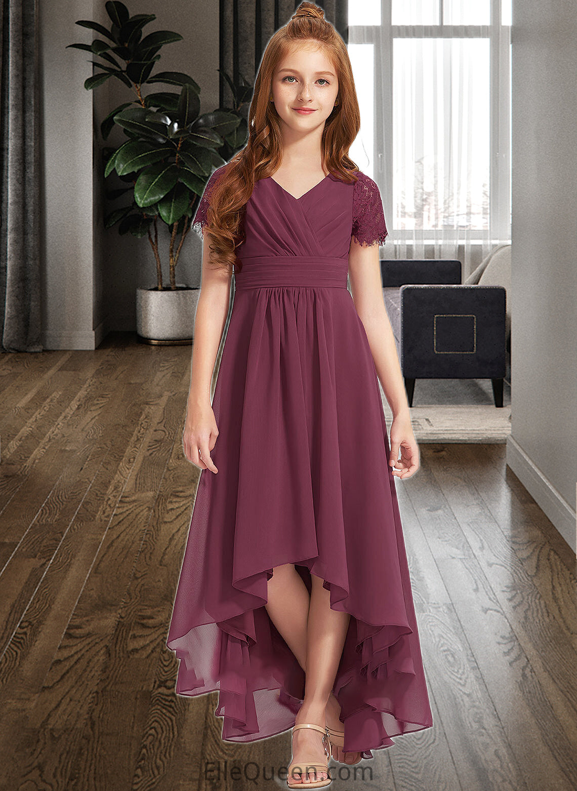 Everleigh A-Line V-neck Asymmetrical Chiffon Lace Junior Bridesmaid Dress With Ruffle DGP0013453