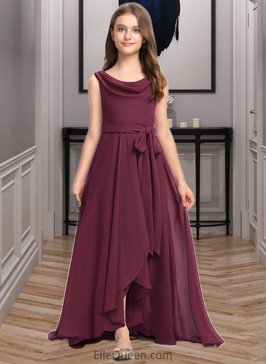 Ellen A-Line Cowl Neck Asymmetrical Chiffon Junior Bridesmaid Dress With Bow(s) DGP0013454