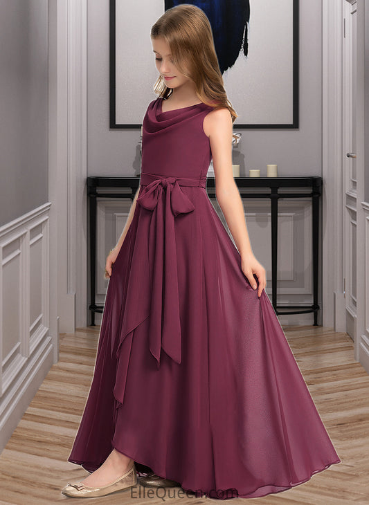 Ellen A-Line Cowl Neck Asymmetrical Chiffon Junior Bridesmaid Dress With Bow(s) DGP0013454