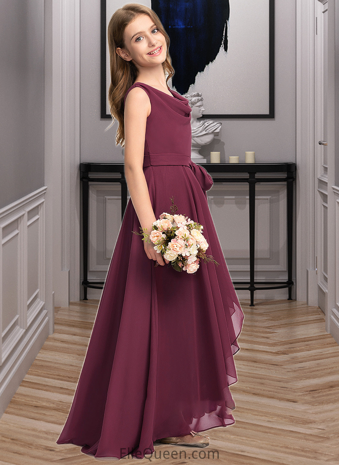 Ellen A-Line Cowl Neck Asymmetrical Chiffon Junior Bridesmaid Dress With Bow(s) DGP0013454