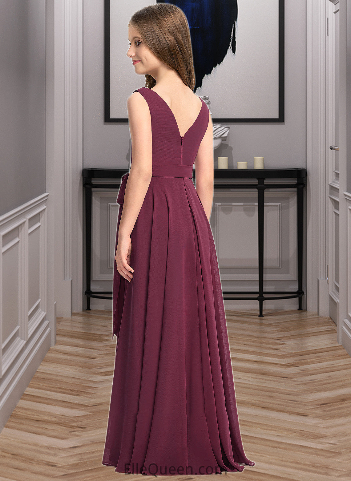 Ellen A-Line Cowl Neck Asymmetrical Chiffon Junior Bridesmaid Dress With Bow(s) DGP0013454