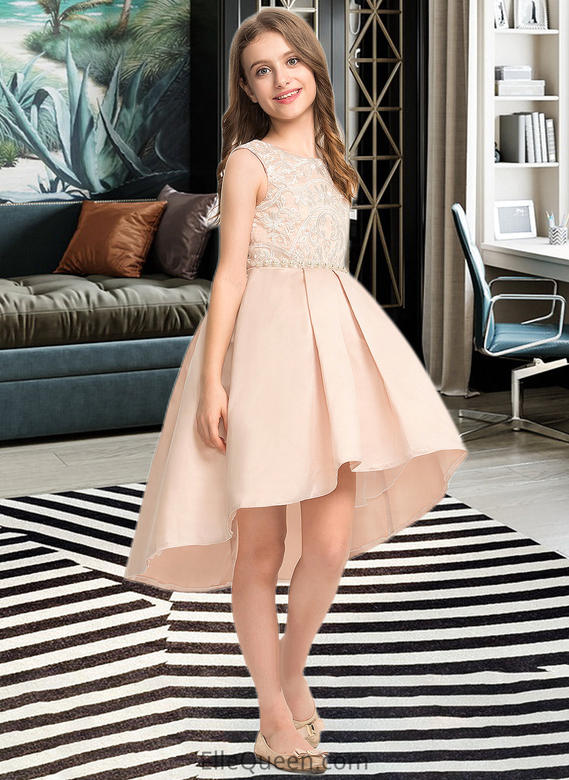 Hailee A-Line Scoop Neck Asymmetrical Satin Lace Junior Bridesmaid Dress With Beading Pockets DGP0013455