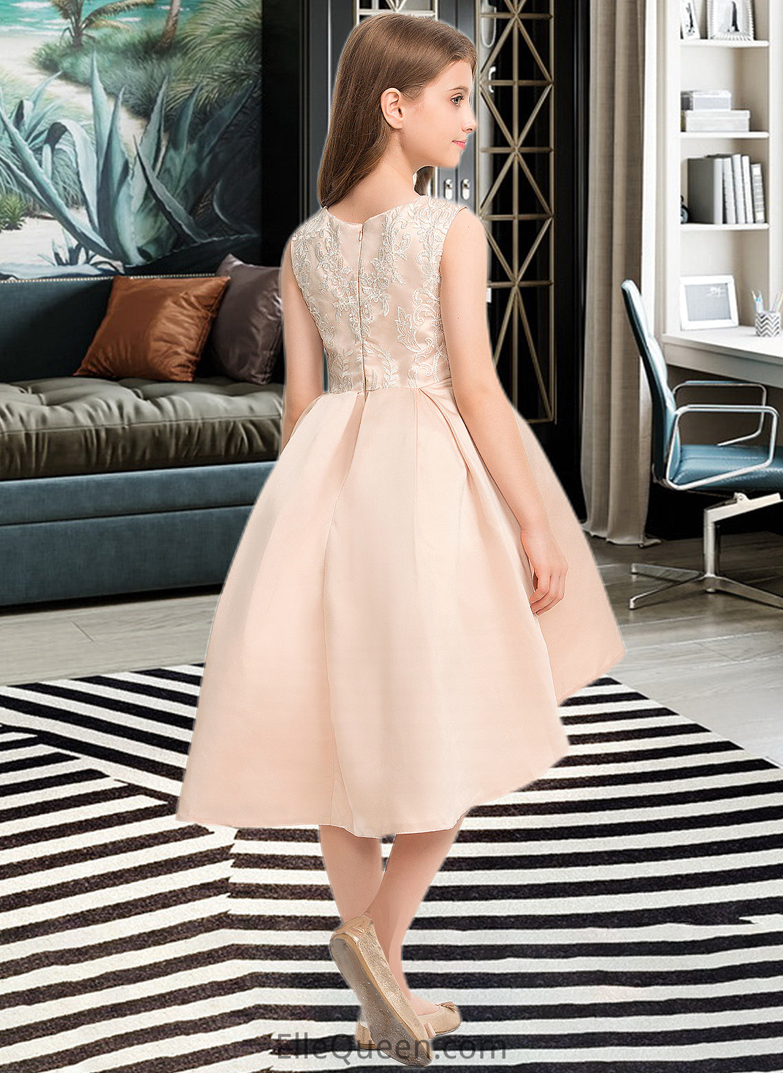 Hailee A-Line Scoop Neck Asymmetrical Satin Lace Junior Bridesmaid Dress With Beading Pockets DGP0013455