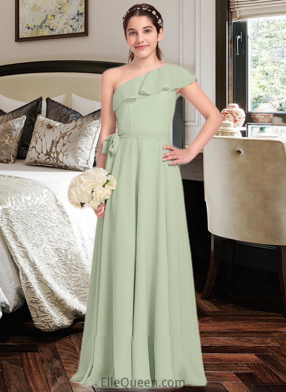 Dakota A-Line One-Shoulder Floor-Length Chiffon Junior Bridesmaid Dress With Cascading Ruffles DGP0013458