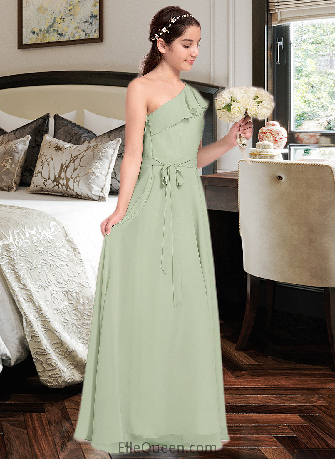 Dakota A-Line One-Shoulder Floor-Length Chiffon Junior Bridesmaid Dress With Cascading Ruffles DGP0013458