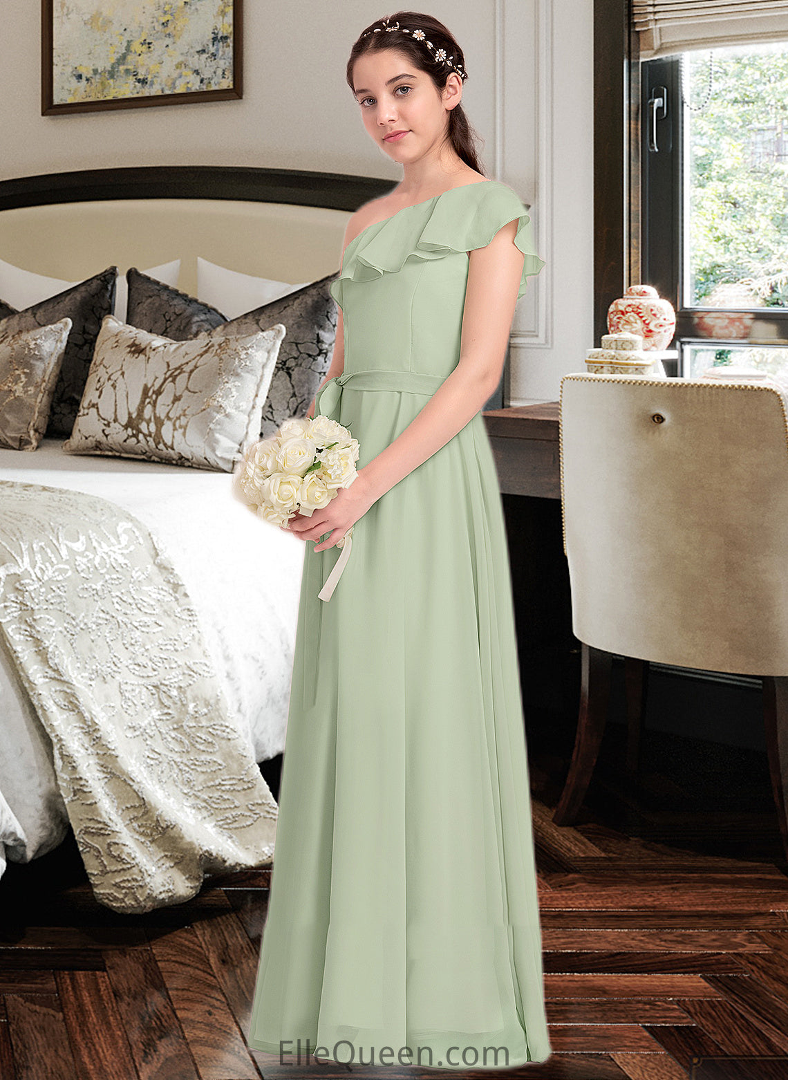 Dakota A-Line One-Shoulder Floor-Length Chiffon Junior Bridesmaid Dress With Cascading Ruffles DGP0013458