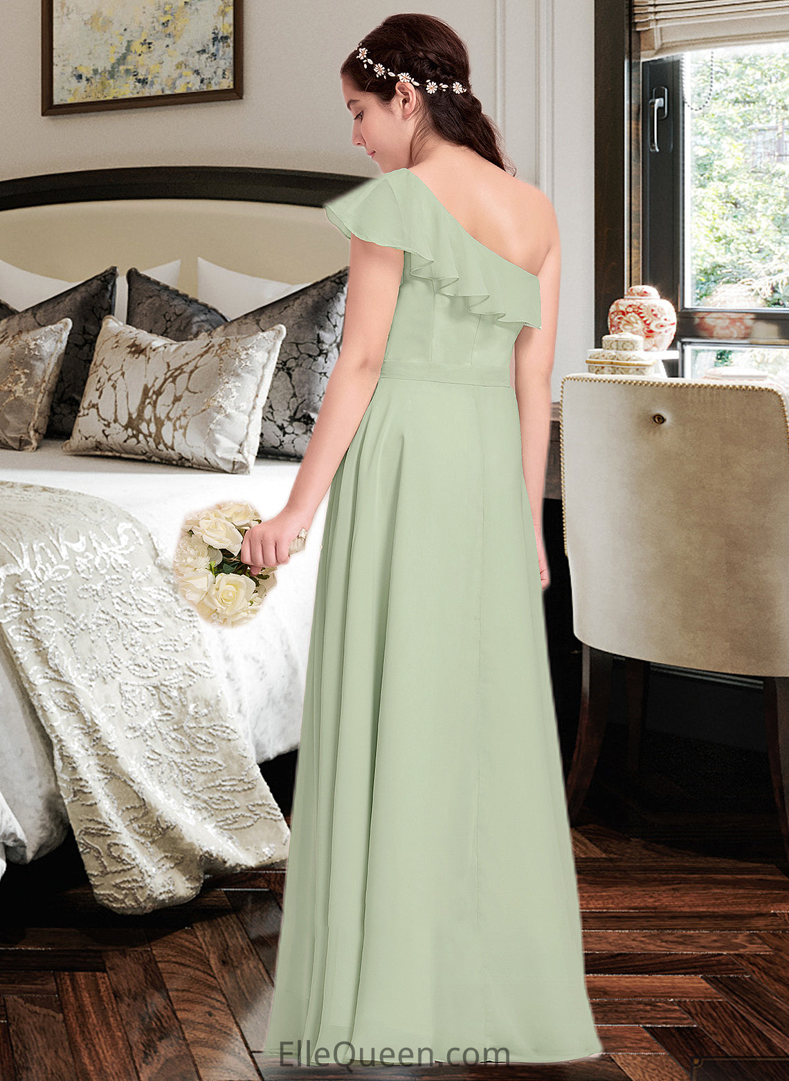 Dakota A-Line One-Shoulder Floor-Length Chiffon Junior Bridesmaid Dress With Cascading Ruffles DGP0013458