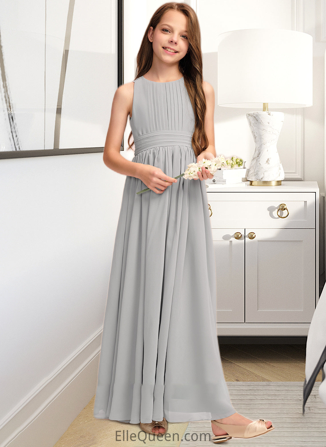 Sophia A-Line Scoop Neck Floor-Length Chiffon Junior Bridesmaid Dress With Ruffle Bow(s) DGP0013483