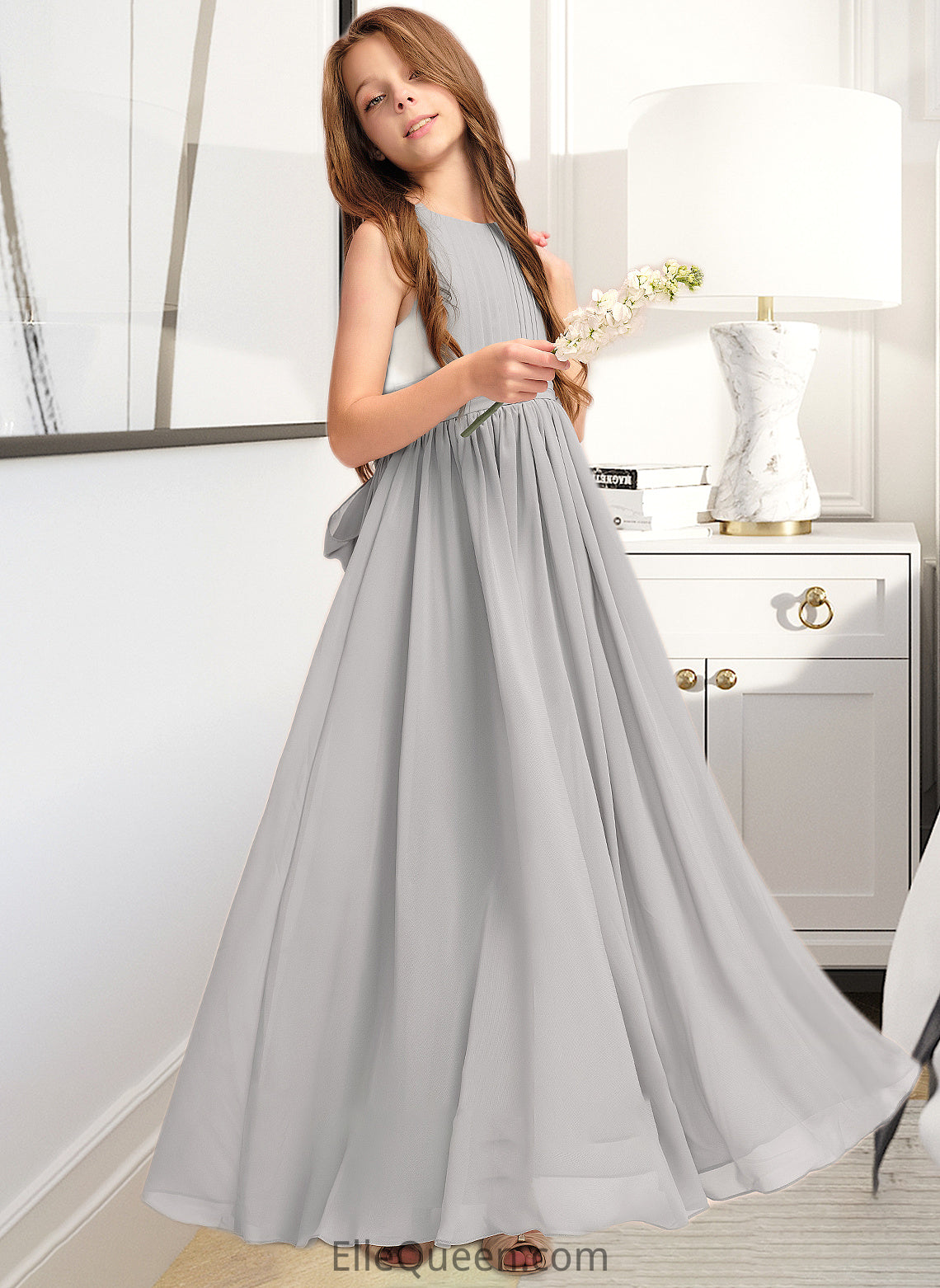 Sophia A-Line Scoop Neck Floor-Length Chiffon Junior Bridesmaid Dress With Ruffle Bow(s) DGP0013483