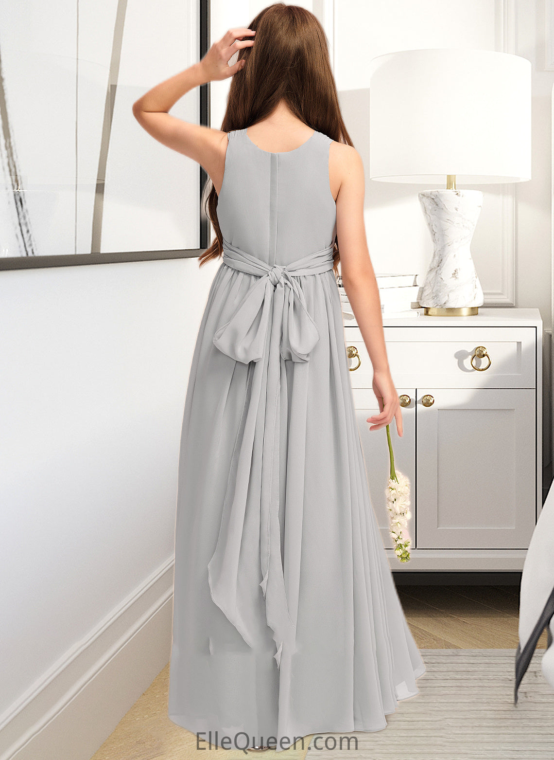 Sophia A-Line Scoop Neck Floor-Length Chiffon Junior Bridesmaid Dress With Ruffle Bow(s) DGP0013483