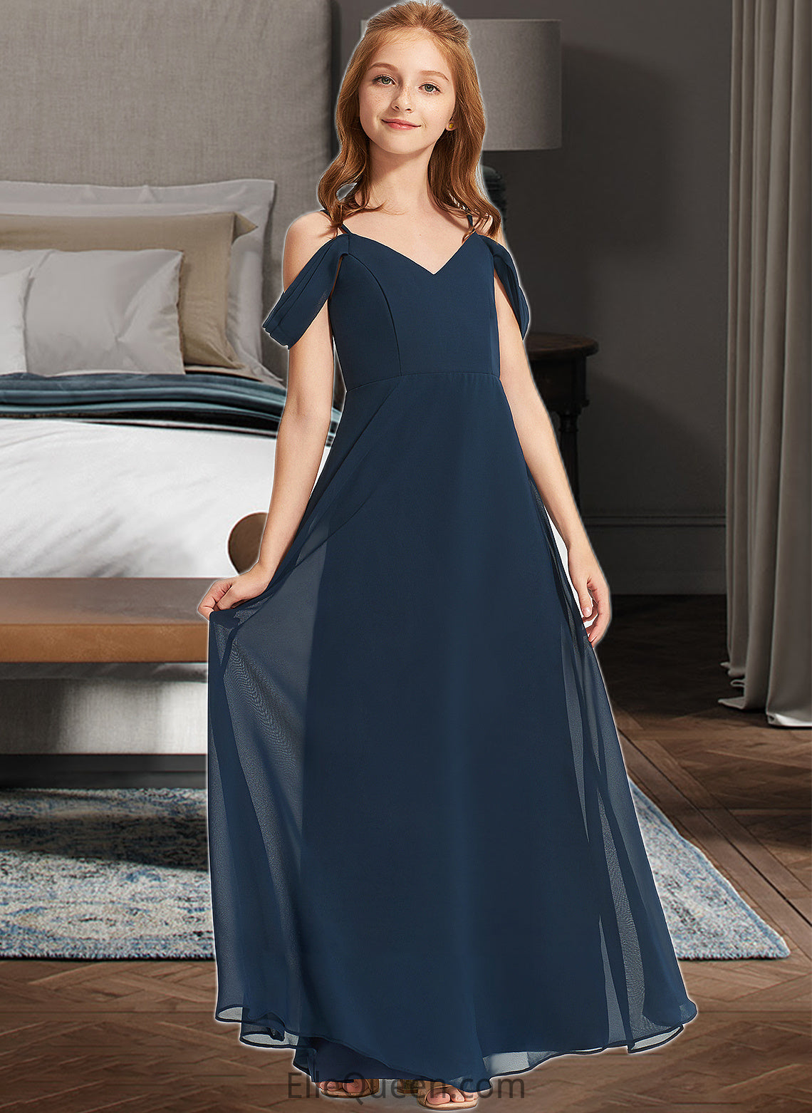 Sahna A-Line Off-the-Shoulder Floor-Length Chiffon Junior Bridesmaid Dress DGP0013485