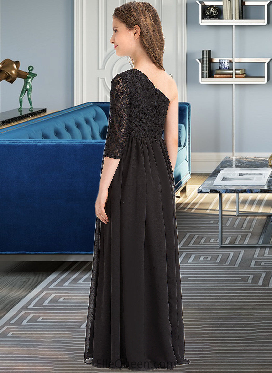 Imani A-Line One-Shoulder Floor-Length Chiffon Lace Junior Bridesmaid Dress DGP0013486