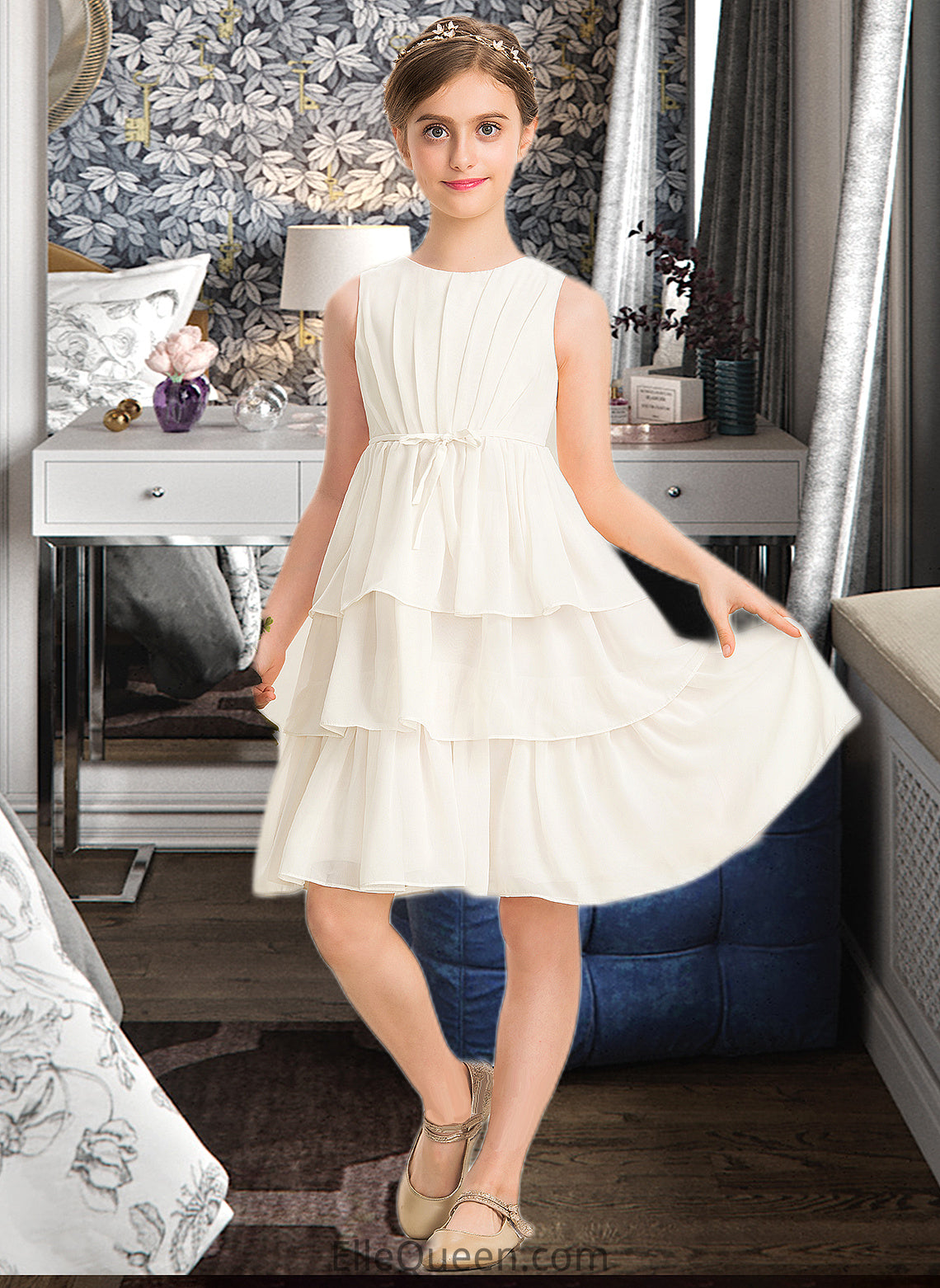 Ann A-Line Scoop Neck Knee-Length Chiffon Junior Bridesmaid Dress With Bow(s) Cascading Ruffles DGP0013487