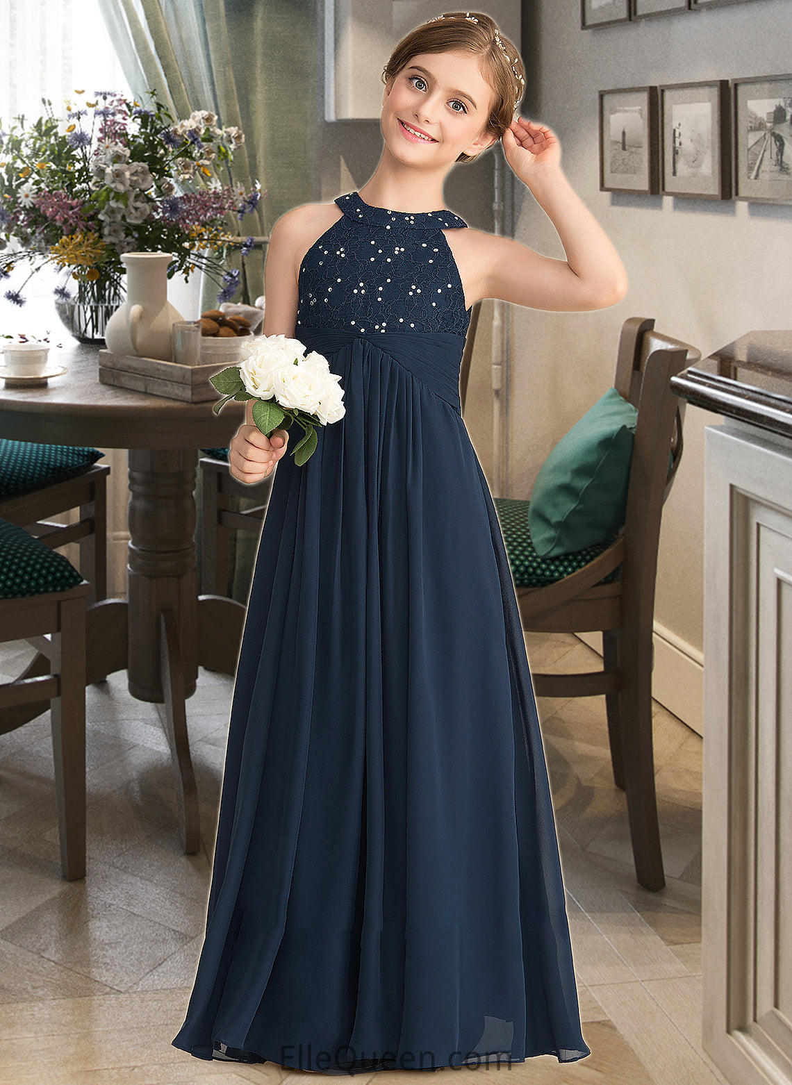 Jolie A-Line Scoop Neck Floor-Length Chiffon Lace Junior Bridesmaid Dress With Ruffle Beading DGP0013488