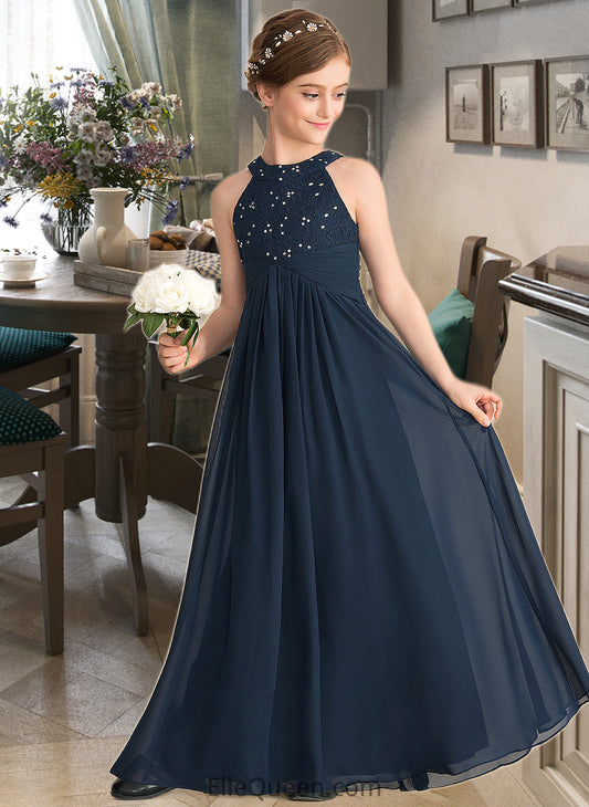 Jolie A-Line Scoop Neck Floor-Length Chiffon Lace Junior Bridesmaid Dress With Ruffle Beading DGP0013488