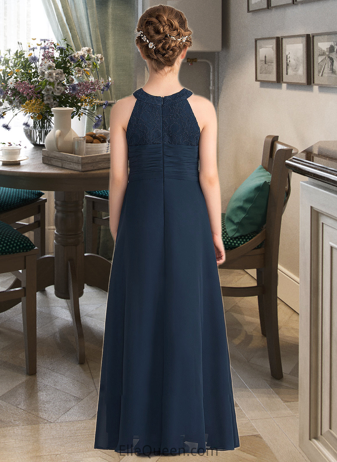 Jolie A-Line Scoop Neck Floor-Length Chiffon Lace Junior Bridesmaid Dress With Ruffle Beading DGP0013488